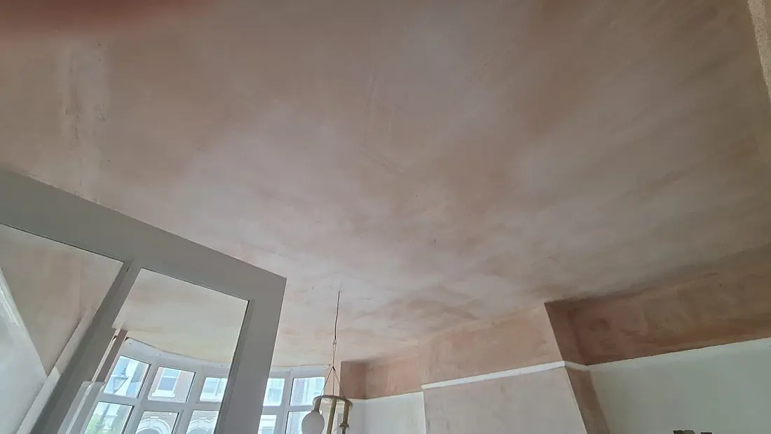 Bay-fronted room with a newly skimmed ceiling