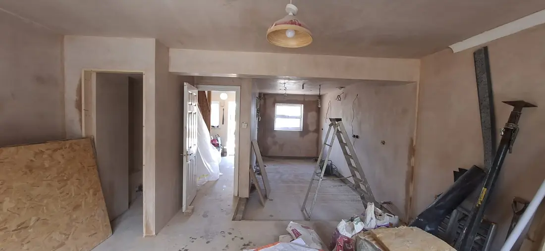 Open-plan room fully plastered out